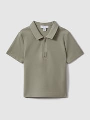 Reiss Pistachio Felix Teen Textured Cotton Half-Zip Polo Shirt - Image 1 of 4