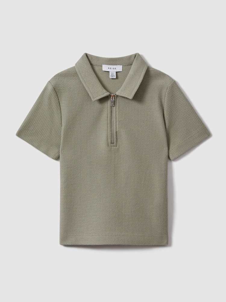 Reiss Pistachio Felix Teen Textured Cotton Half-Zip Polo Shirt - Image 1 of 4