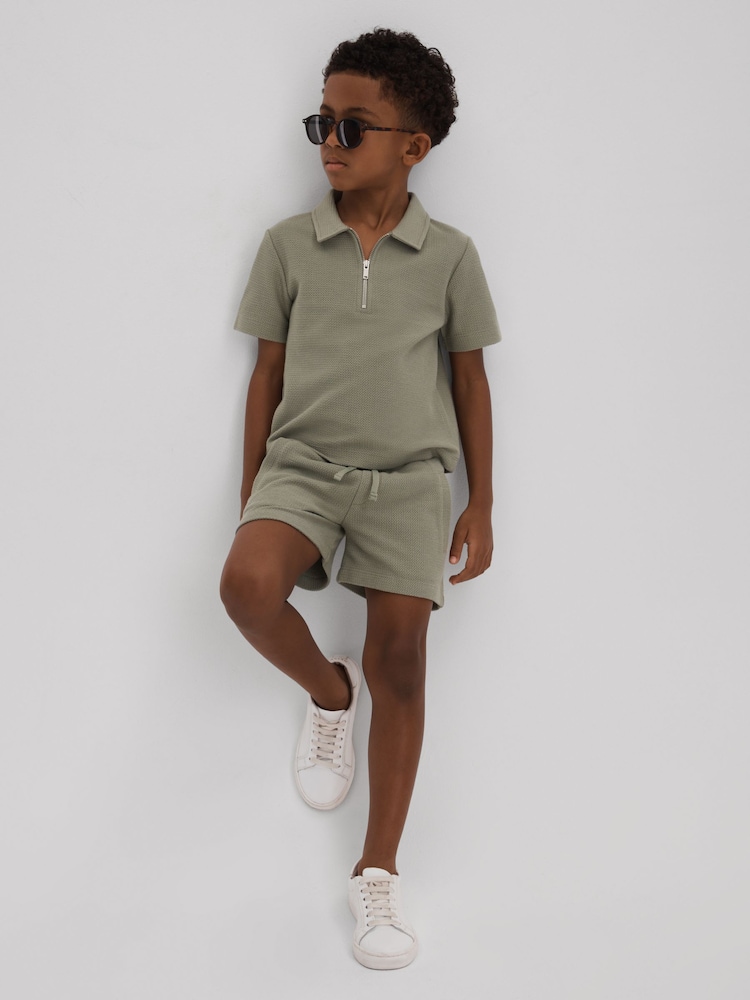 Reiss Pistachio Felix Teen Textured Cotton Half-Zip Polo Shirt - Image 2 of 4