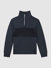 Reiss Navy Selin 13-14 yrs Slim Fit Half-Zip Funnel Neck Velour Sweatshirt - Image 1 of 6