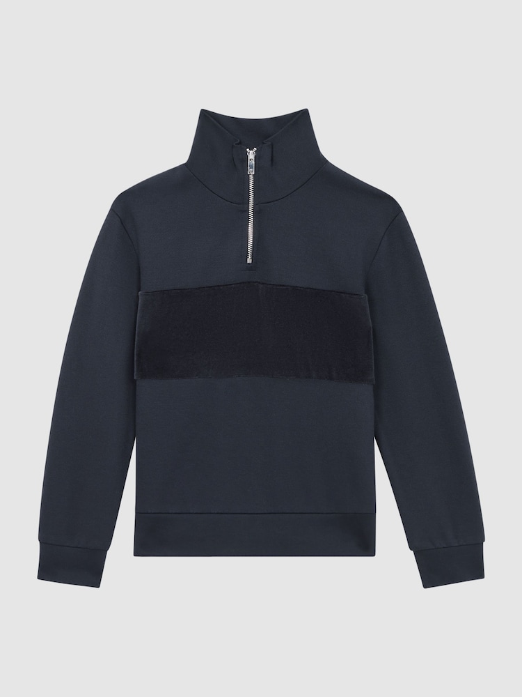 Reiss Navy Selin 13-14 yrs Slim Fit Half-Zip Funnel Neck Velour Sweatshirt - Image 1 of 6