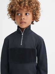 Reiss Navy Selin 13-14 yrs Slim Fit Half-Zip Funnel Neck Velour Sweatshirt - Image 4 of 6