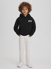 Reiss Washed Black Newton Teen Cotton Relaxed Motif Hoodie - Image 3 of 7
