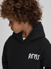 Reiss Washed Black Newton Teen Cotton Relaxed Motif Hoodie - Image 5 of 7