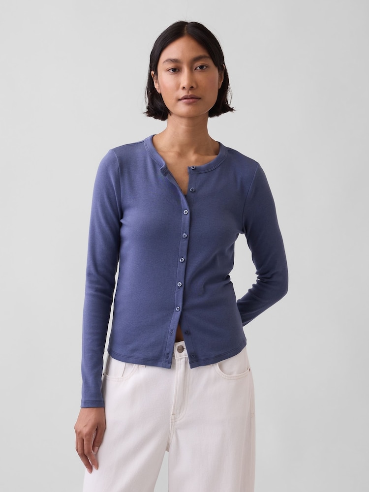 Gap Blue Modern Crew Neck Cardigan - Image 1 of 3 Gap Blue Modern Crew Neck Cardigan - Image 1 of 3