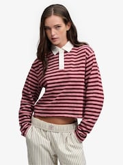 Superdry Red Athletic Essential Cropped Stripe Rugby Shirt - Image 1 of 6