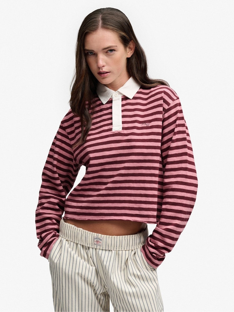 Superdry Red Athletic Essential Cropped Stripe Rugby Shirt - Image 1 of 6
