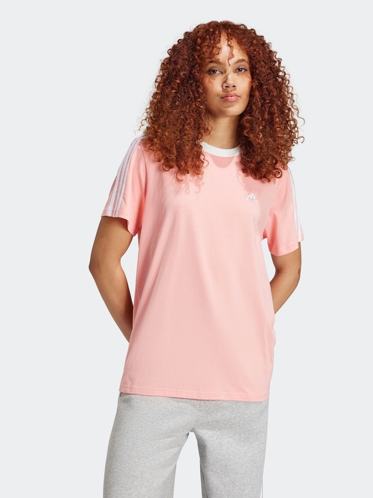 adidas Pink Boyfriend 100% Cotton 3 Stripe T-Shirt - Image 1 of 8 adidas Pink Boyfriend 100% Cotton 3 Stripe T-Shirt - Image 1 of 8