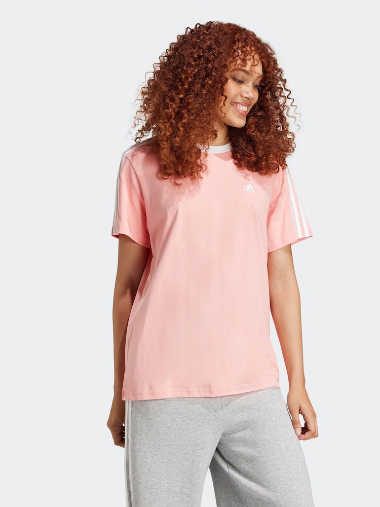 adidas Pink Boyfriend 100% Cotton 3 Stripe T-Shirt - Image 2 of 8 adidas Pink Boyfriend 100% Cotton 3 Stripe T-Shirt - Image 2 of 8