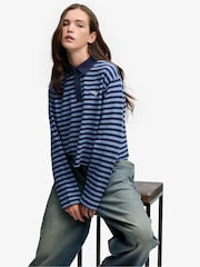 Superdry Blue Athletic Essential Cropped Stripe Rugby Shirt - Image 1 of 5