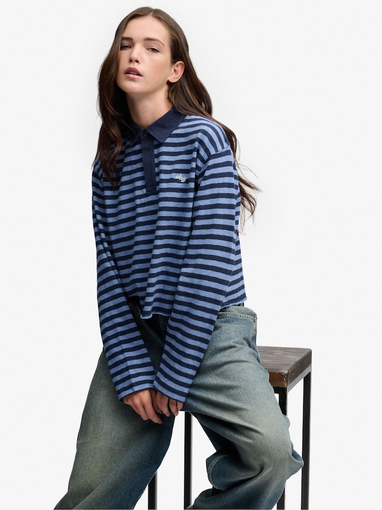 Superdry Blue Athletic Essential Cropped Stripe Rugby Shirt - Image 1 of 5