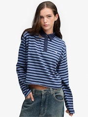 Superdry Blue Athletic Essential Cropped Stripe Rugby Shirt - Image 2 of 5