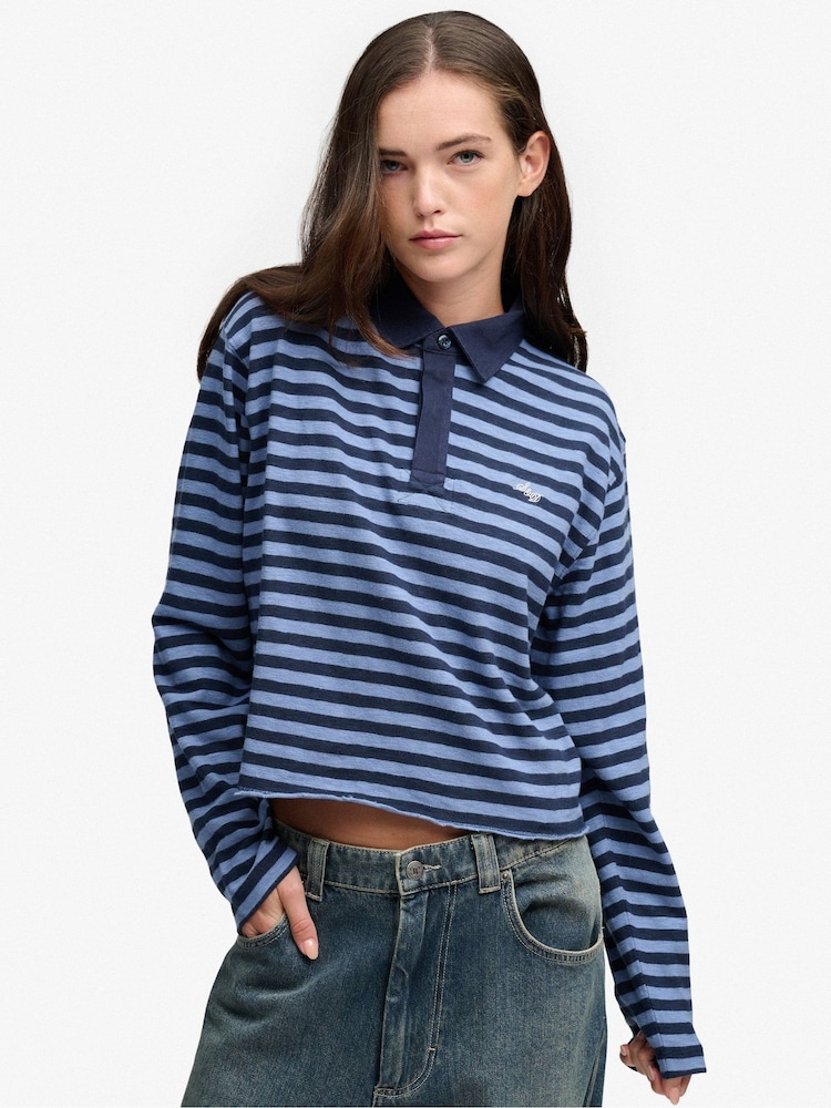 Superdry Blue Athletic Essential Cropped Stripe Rugby Shirt - Image 2 of 5