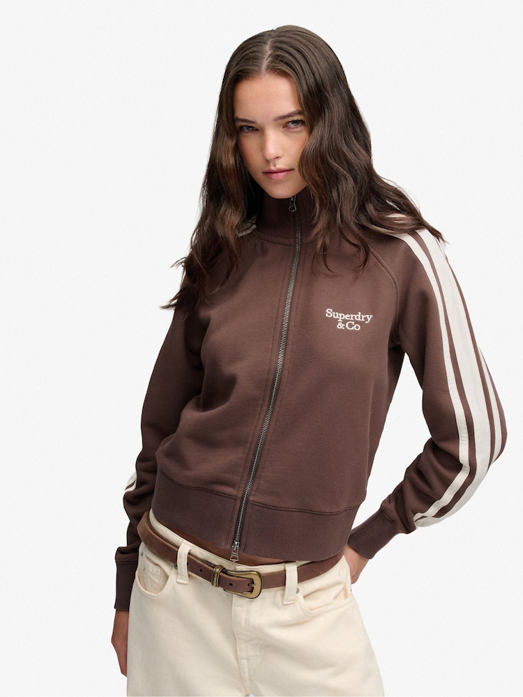 Marrón - Superdry Side Stripe Zip-Through Sweatshirt - Imagen 1 de 7