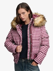 Superdry Red/Pink Gingham Check Everest Hooded Bomber Puffer Coat - Image 2 of 7