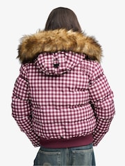 Superdry Red/Pink Gingham Check Everest Hooded Bomber Puffer Coat - Image 3 of 7