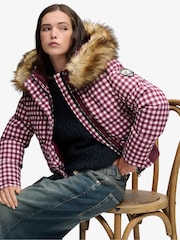 Superdry Red/Pink Gingham Check Everest Hooded Bomber Puffer Coat - Image 4 of 7