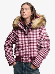 Superdry Red/Pink Gingham Check Everest Hooded Bomber Puffer Coat - Image 5 of 7