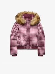 Superdry Red/Pink Gingham Check Everest Hooded Bomber Puffer Coat - Image 6 of 7