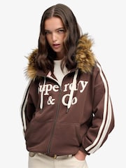 Superdry Brown Vintage Fur Applique Logo Zip-Through Hoodie - Image 1 of 8