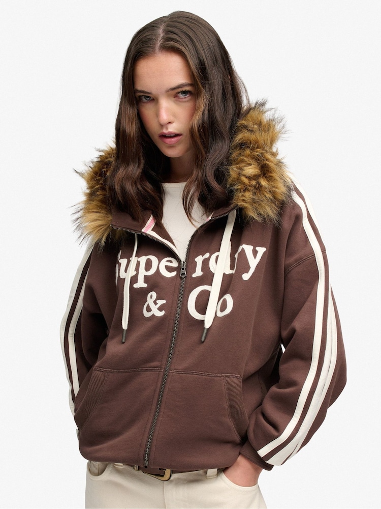 Superdry Brown Vintage Fur Applique Logo Zip-Through Hoodie - Image 1 of 8