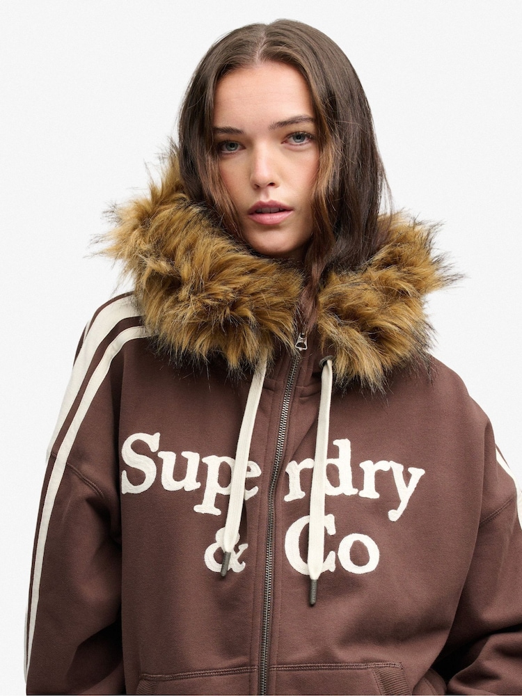 Superdry Brown Vintage Fur Applique Logo Zip-Through Hoodie - Image 2 of 8