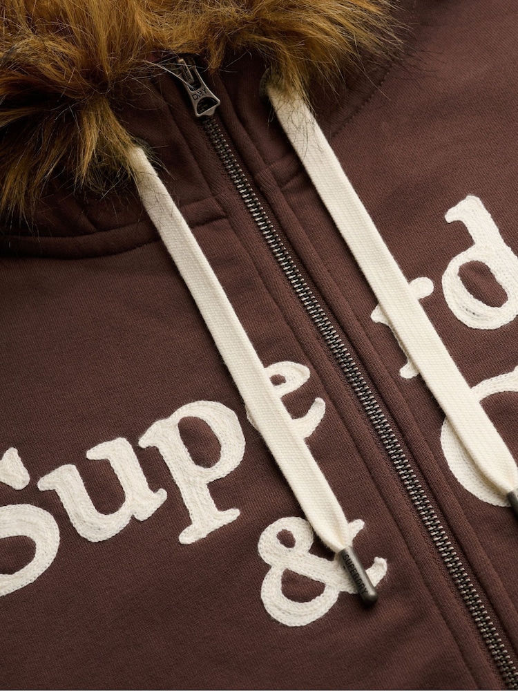 Superdry Brown Vintage Fur Applique Logo Zip-Through Hoodie - Image 8 of 8
