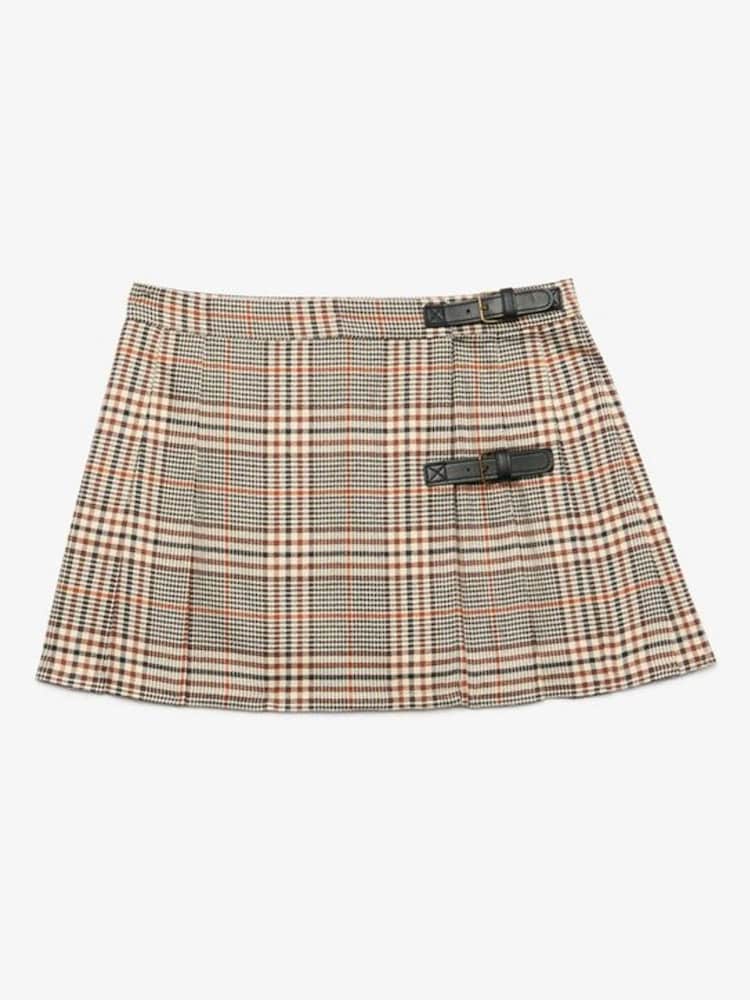 Superdry Brown Check Pleated Skirt With Buckle Detail - Image 1 of 2