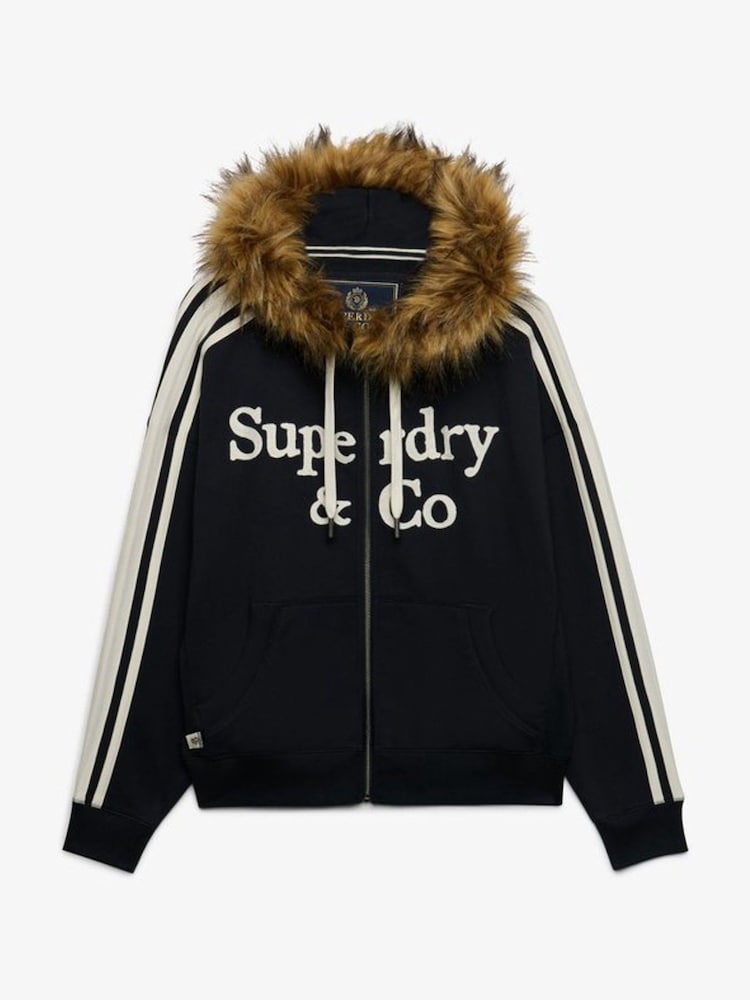 Superdry Blue Vintage Fur Applique Logo Zip-Through Hoodie - Image 1 of 7 Superdry Blue Vintage Fur Applique Logo Zip-Through Hoodie - Image 1 of 7