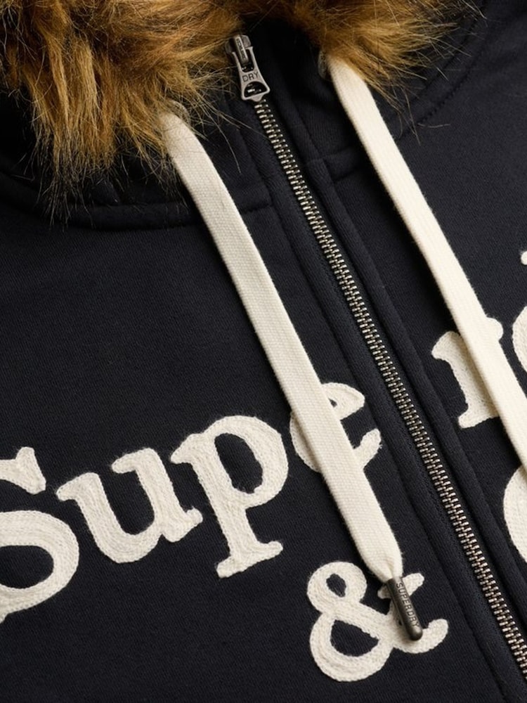 Superdry Blue Vintage Fur Applique Logo Zip-Through Hoodie - Image 7 of 7 Superdry Blue Vintage Fur Applique Logo Zip-Through Hoodie - Image 7 of 7