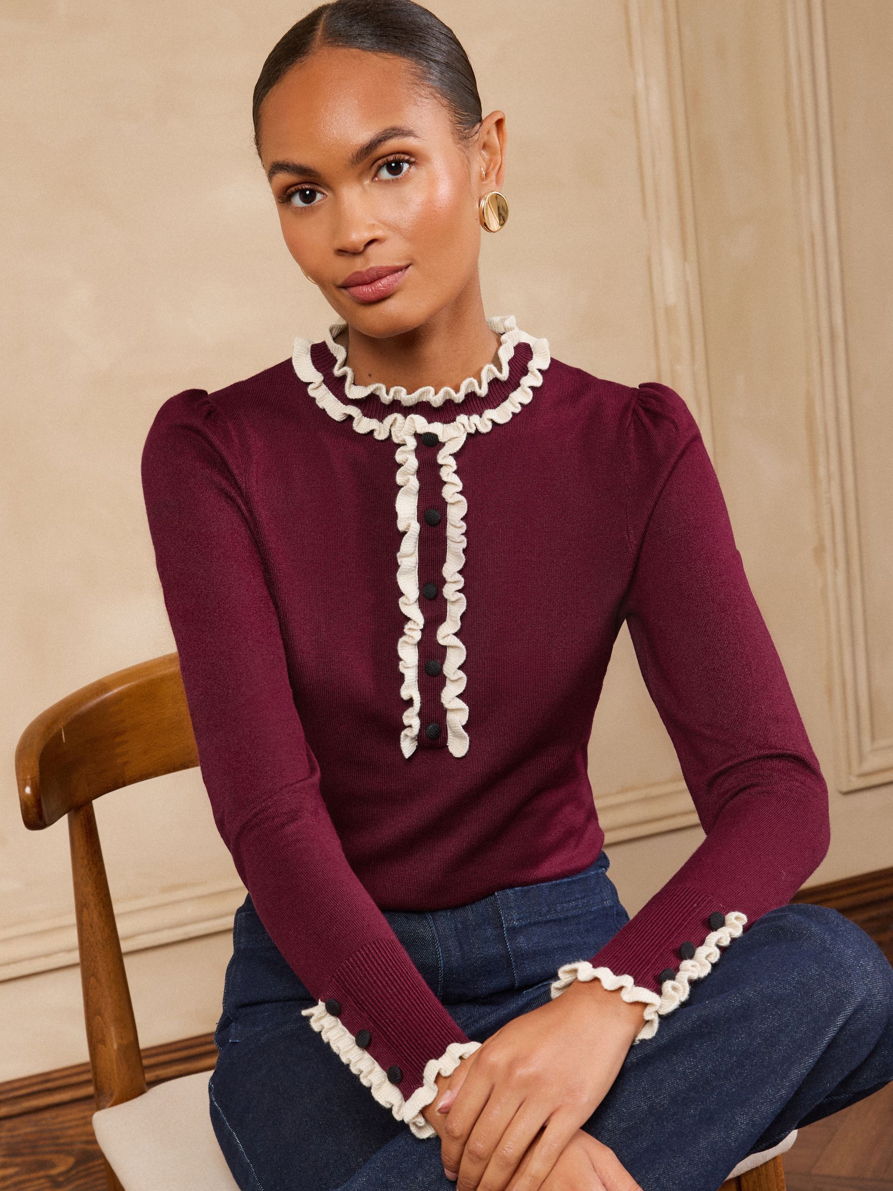 トップス Fleur frill knit tops andmary Buy Love & Roses Burgundy Red Frilled Neck Long Sleeve Knitted Top