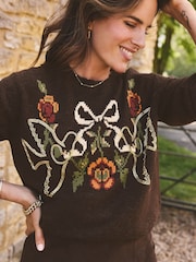 Love & Roses X Binky Chocolate Brown Petite Bow and Bird Embroidered Detail Crew Neck Cosy Jumper - Image 4 of 4
