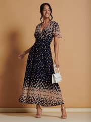Jolie Moi Navy Blue Mirrored Mesh Angel Sleeve Maxi Dress - Image 1 of 6
