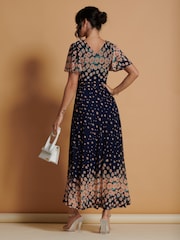 Jolie Moi Navy Blue Mirrored Mesh Angel Sleeve Maxi Dress - Image 2 of 6