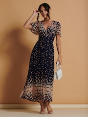 Jolie Moi Navy Blue Mirrored Mesh Angel Sleeve Maxi Dress - Image 4 of 6