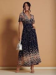 Jolie Moi Navy Blue Mirrored Mesh Angel Sleeve Maxi Dress - Image 5 of 6
