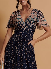 Jolie Moi Navy Blue Mirrored Mesh Angel Sleeve Maxi Dress - Image 6 of 6