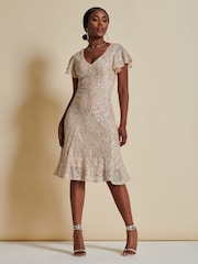 Jolie Moi Gold Sequin Fit & Flare Midi Dress - Image 1 of 6