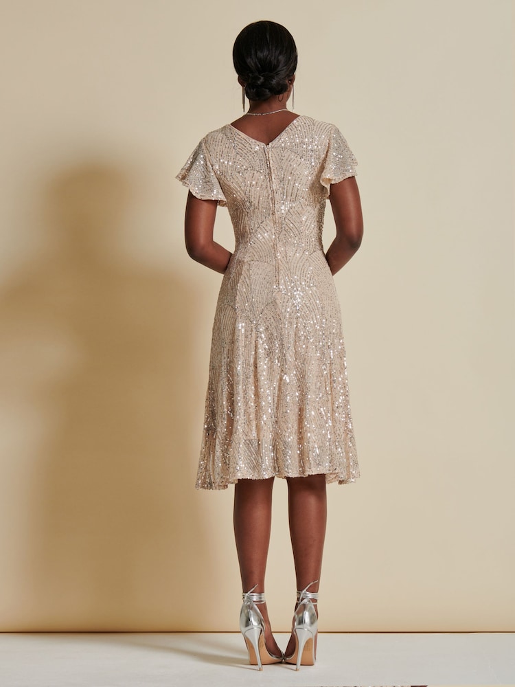 Jolie Moi Gold Sequin Fit & Flare Midi Dress - Image 2 of 6
