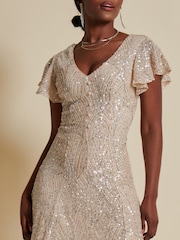 Jolie Moi Gold Sequin Fit & Flare Midi Dress - Image 3 of 6