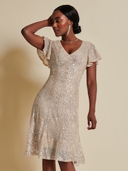 Jolie Moi Gold Sequin Fit & Flare Midi Dress - Image 4 of 6