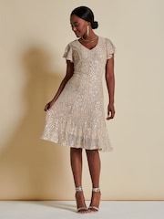 Jolie Moi Gold Sequin Fit & Flare Midi Dress - Image 5 of 6