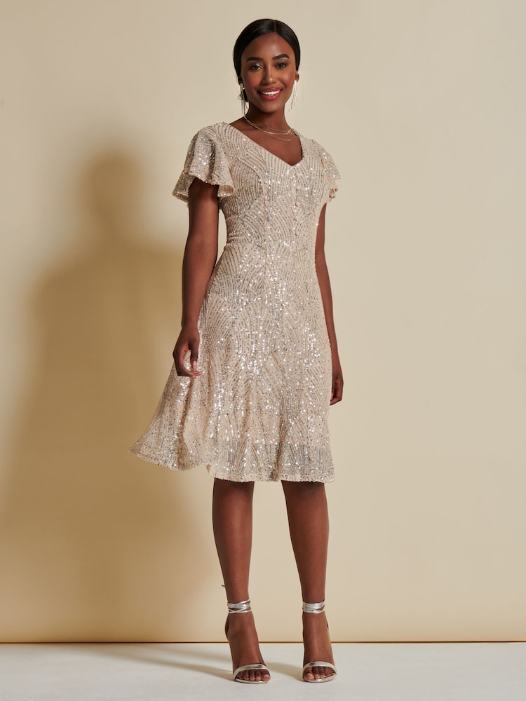 Jolie Moi Gold Sequin Fit & Flare Midi Dress - Image 6 of 6