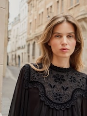 Embroidered Velvet Yoke Mini Long Sleeves Chiffon Dress - 5суретінің 2 суреті