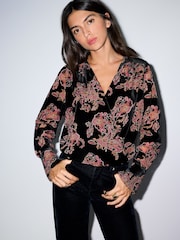 BHOEM Black Floral Velvet Devore Wrap Blouse with Smocking at Shoulders - Image 1 of 5
