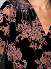 BHOEM Black Floral Velvet Devore Wrap Blouse with Smocking at Shoulders - Image 2 of 5