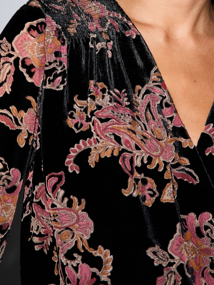 BHOEM Black Floral Velvet Devore Wrap Blouse with Smocking at Shoulders - Image 2 of 5
