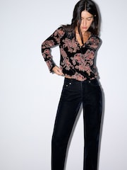BHOEM Black Floral Velvet Devore Wrap Blouse with Smocking at Shoulders - Image 3 of 5