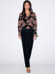 BHOEM Black Floral Velvet Devore Wrap Blouse with Smocking at Shoulders - Image 4 of 5