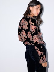 BHOEM Black Floral Velvet Devore Wrap Blouse with Smocking at Shoulders - Image 5 of 5